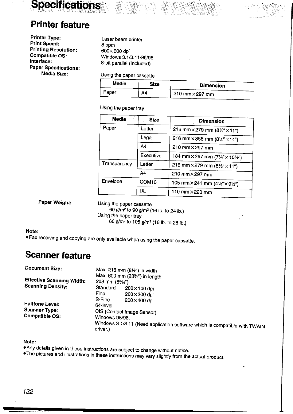 Specifications, Printer feature, Printer type | Note, Scanner feature, Document size, Effective scanning width: scanning density | Panasonic KXFLM600NZ User Manual | Page 132 / 139