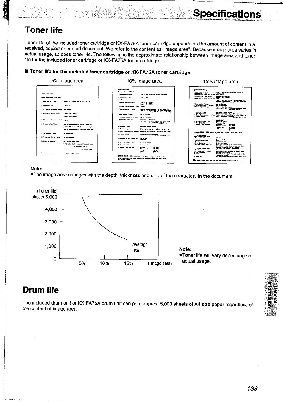 Specifications, Toner life, Note | Drum life | Panasonic KXFLM600NZ User Manual | Page 133 / 139