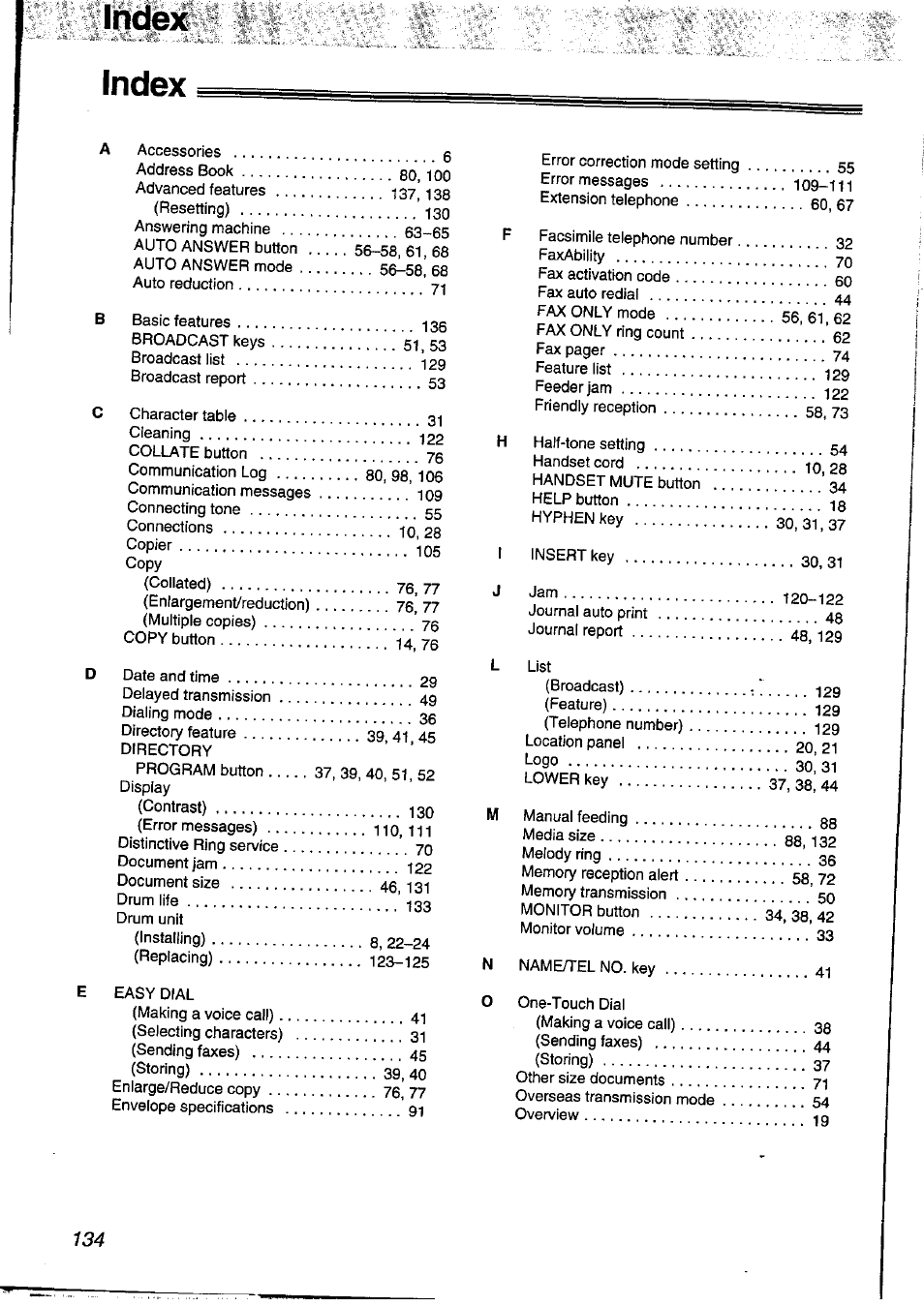 Index | Panasonic KXFLM600NZ User Manual | Page 134 / 139