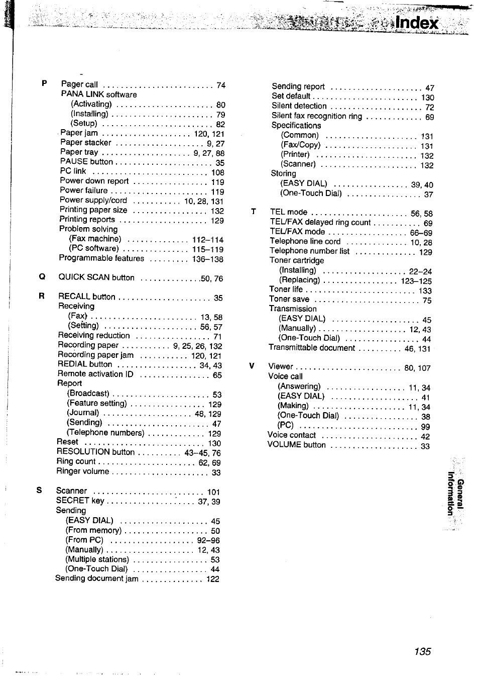 Index, S? i s | Panasonic KXFLM600NZ User Manual | Page 135 / 139