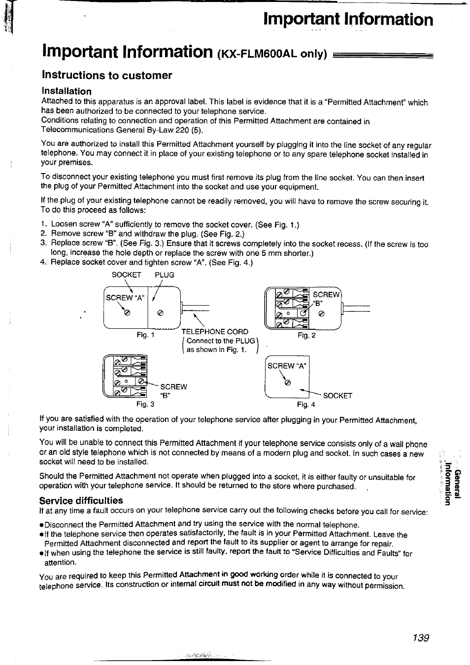 Important information, Important information (kx-flm6ooal only), Instructions to customer | Panasonic KXFLM600NZ User Manual | Page 139 / 139