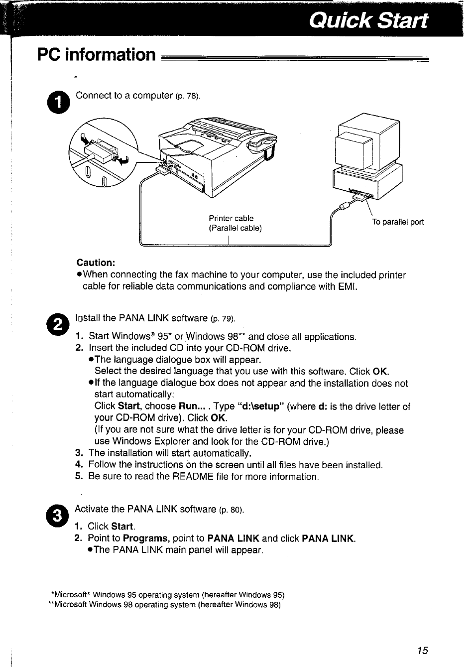 Pc information, Caution, Quick start | Panasonic KXFLM600NZ User Manual | Page 15 / 139