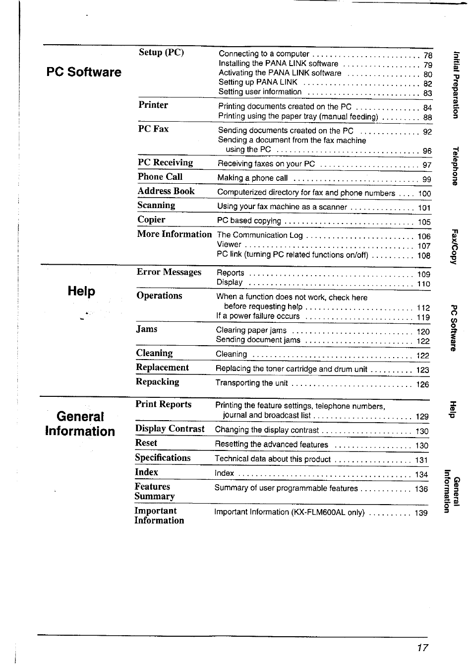 Setup (pc), Printer, Pc fax | Pc receiving, Phone call, Address book, Scanning, Copier, More information, Print reports | Panasonic KXFLM600NZ User Manual | Page 17 / 139