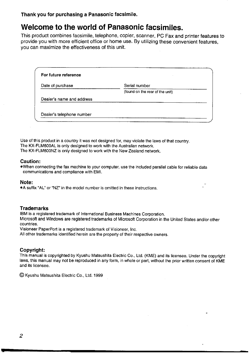 Thank you for purchasing a panasonic facsimile, Welcome to the world of panasonic facsimiles, Caution | Note, Trademarks, Copyright | Panasonic KXFLM600NZ User Manual | Page 2 / 139