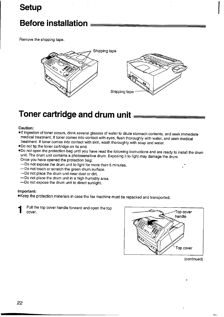 Before installation, Toner cartridge and drum unit, Caution | Important, Before installation setup | Panasonic KXFLM600NZ User Manual | Page 22 / 139