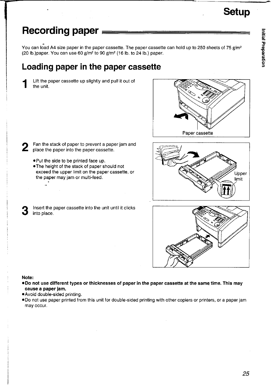 Setup, Recording paper, Loading paper in the paper cassette | Note, Setup recording paper | Panasonic KXFLM600NZ User Manual | Page 25 / 139