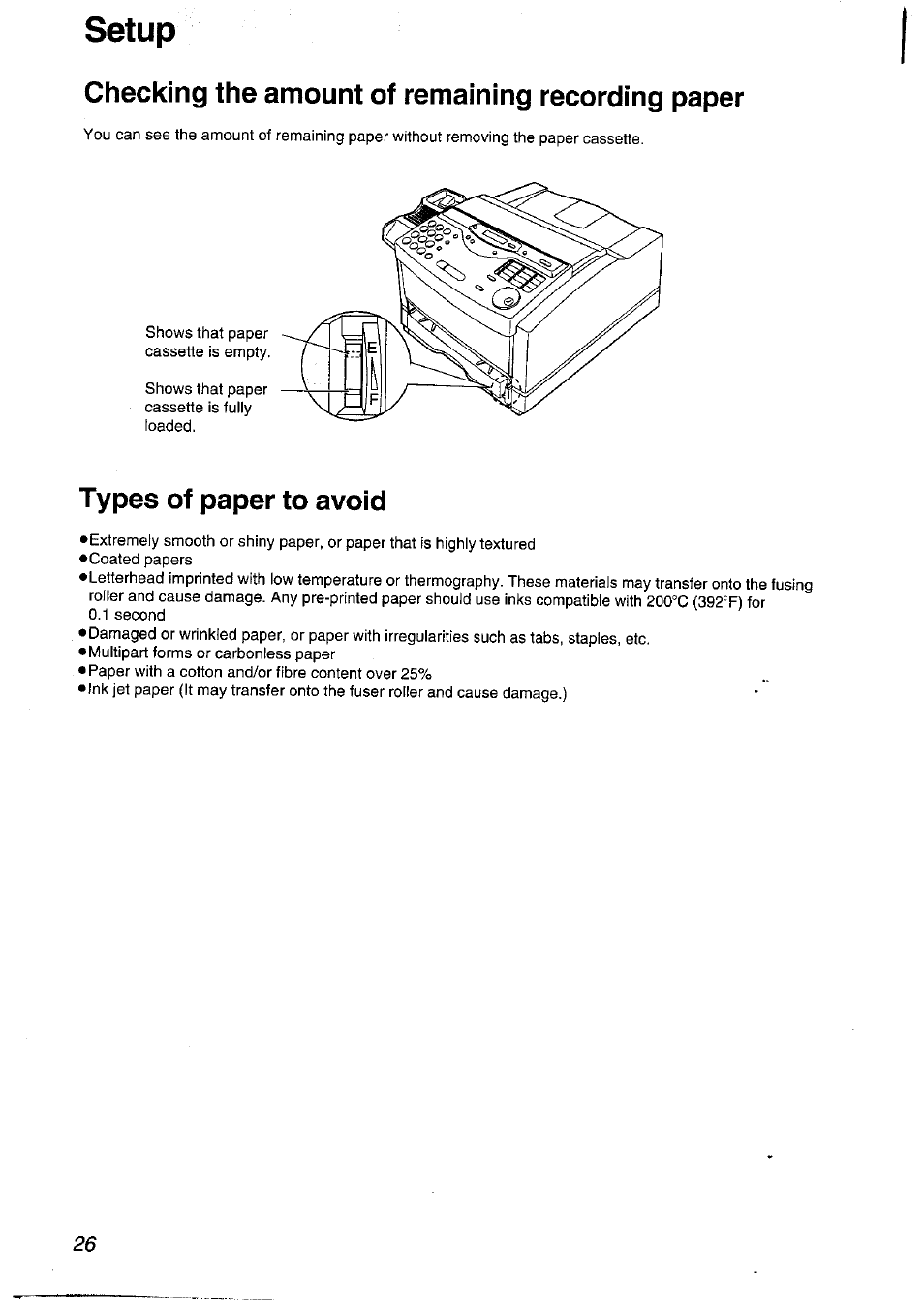 Checking the amount of remaining recording paper, Types of paper to avoid, Setup | Panasonic KXFLM600NZ User Manual | Page 26 / 139