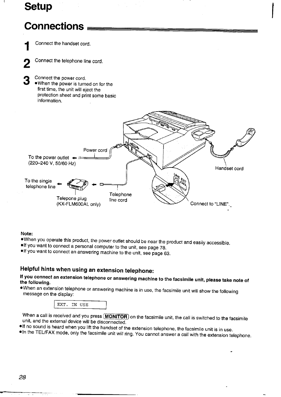 Connections, Note, Helpful hints when using an extension telephone | Setup | Panasonic KXFLM600NZ User Manual | Page 28 / 139