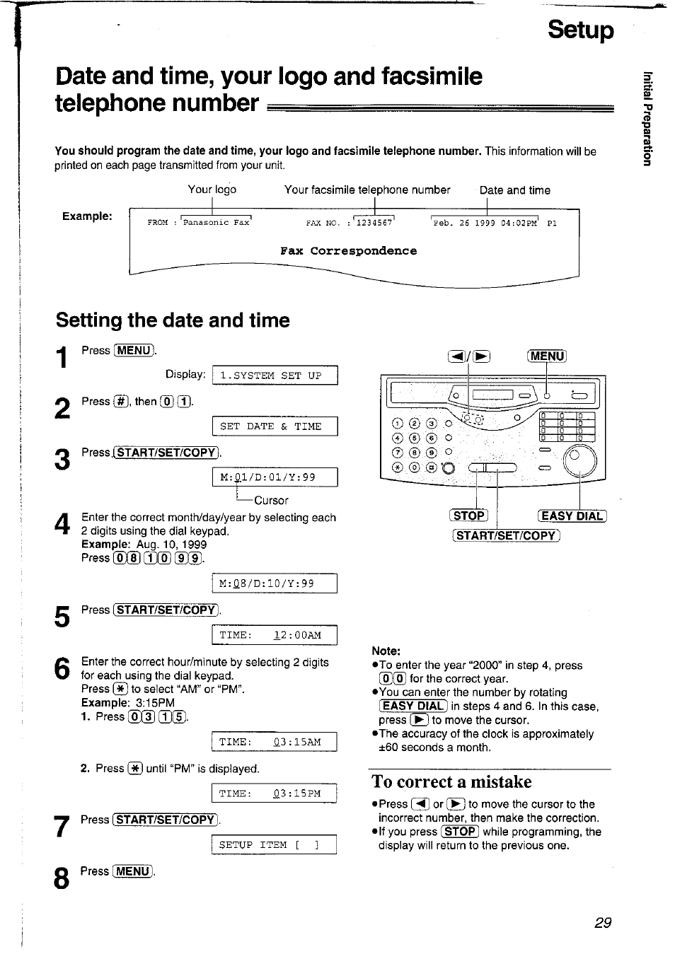 Setup, Example, Setting the date and time | Press istart/set/copy, Note, To correct a mistake, Recording paper size | Panasonic KXFLM600NZ User Manual | Page 29 / 139