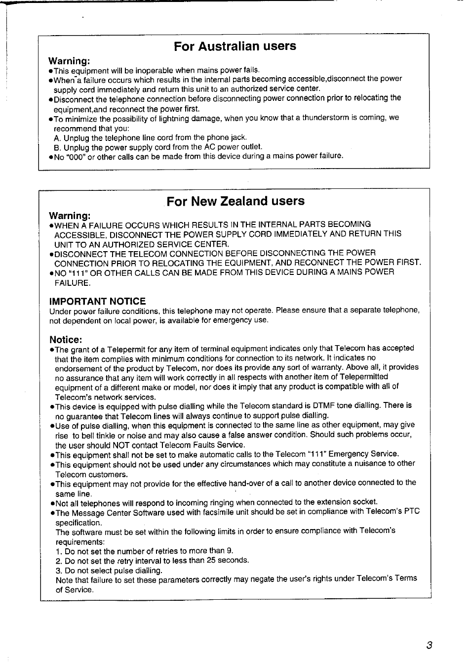 Warning, Important notice, Notice | For australian users, For new zealand users | Panasonic KXFLM600NZ User Manual | Page 3 / 139