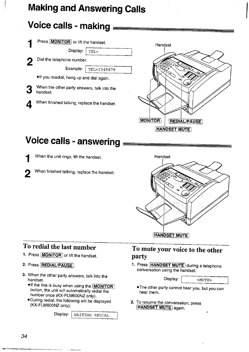 Making and answering calls voice calls - making, Voice calls - answering, To redial the last number | To mute your voice to the other party, Voice calls - making | Panasonic KXFLM600NZ User Manual | Page 34 / 139