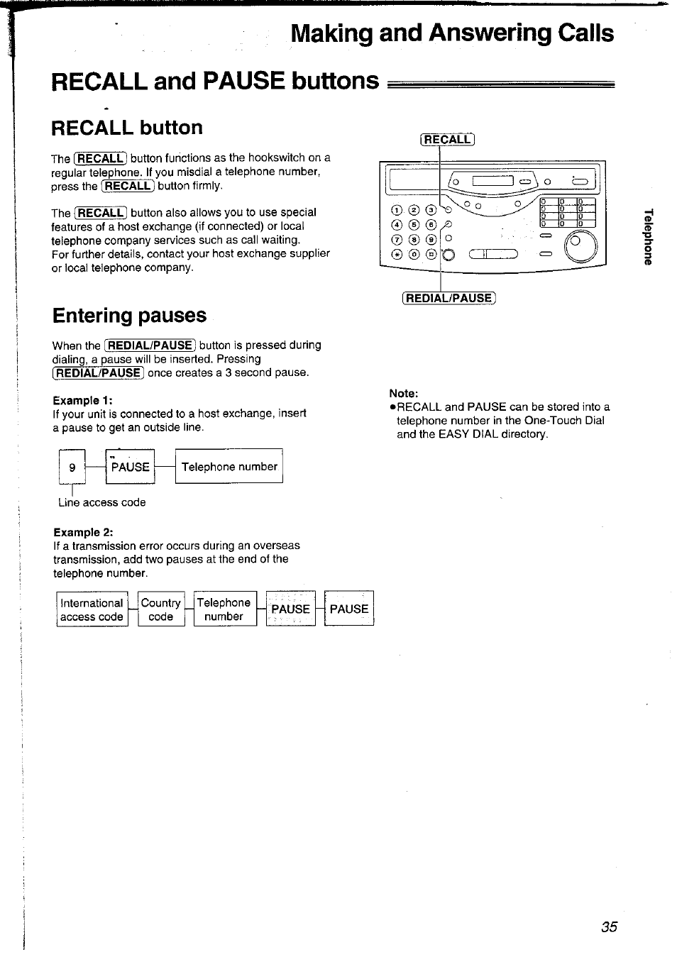 Recall button, Entering pauses | Panasonic KXFLM600NZ User Manual | Page 35 / 139