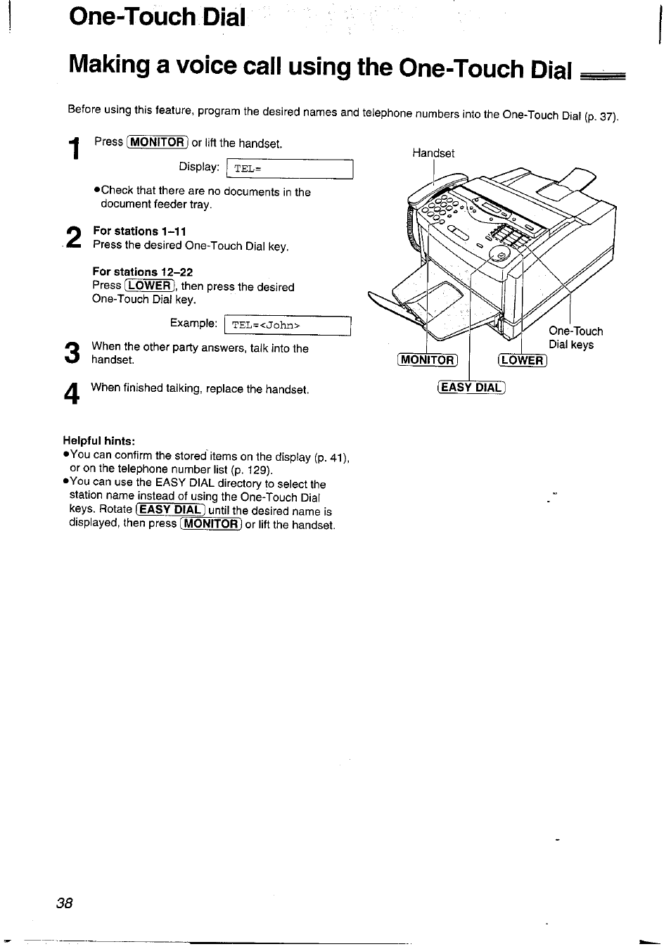 One-touch dial, Making a voice call using the one-touch dial, For stations 1-11 | For stations 12-22, Helpfui hints, Making a voice calf using the one-touch dial | Panasonic KXFLM600NZ User Manual | Page 38 / 139