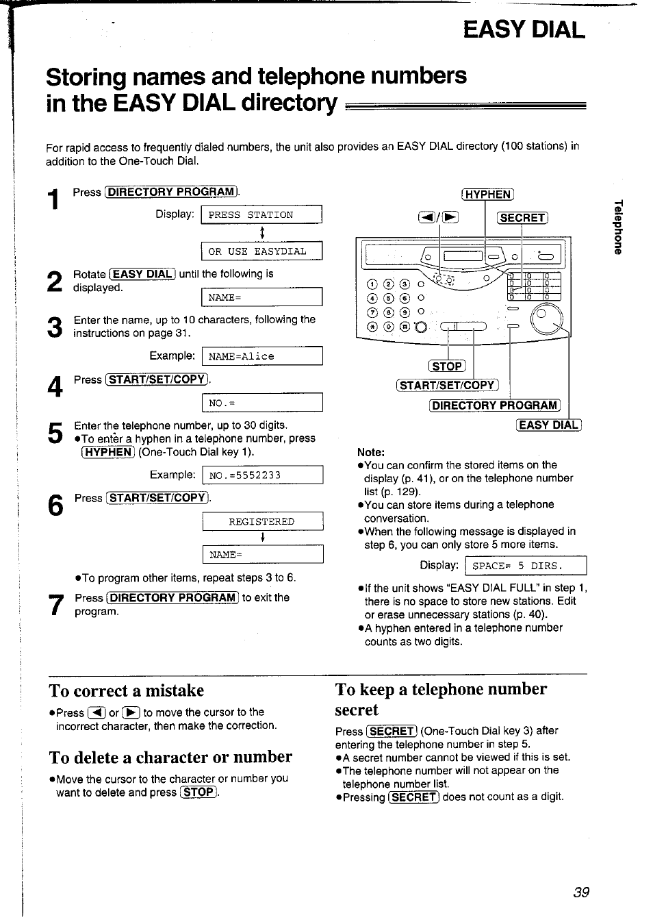 Easy dial, To correct a mistake, To delete a character or number | To keep a telephone number secret | Panasonic KXFLM600NZ User Manual | Page 39 / 139