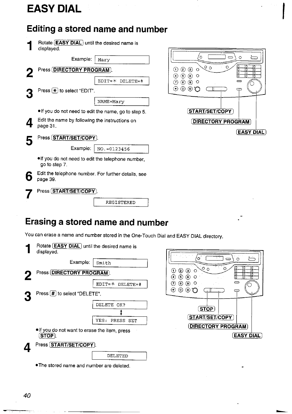 Editing a stored name and number, Easy dial, Erasing a stored name and number | Press ídírectory program, 0 ® 0 o | Panasonic KXFLM600NZ User Manual | Page 40 / 139