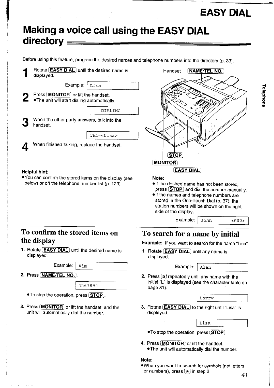 Making a voice call using the easy dial directory, Helpful hint, To confirm the stored items on the display | To search for a name by initial, Making a voice cal! using the easy dial directory | Panasonic KXFLM600NZ User Manual | Page 41 / 139