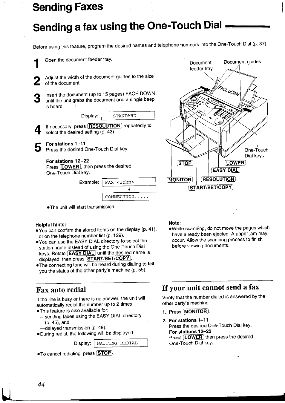 Sending a fax using the one-touch dial, Helpful hints, Fax auto redial | If your unit cannot send a fax | Panasonic KXFLM600NZ User Manual | Page 44 / 139