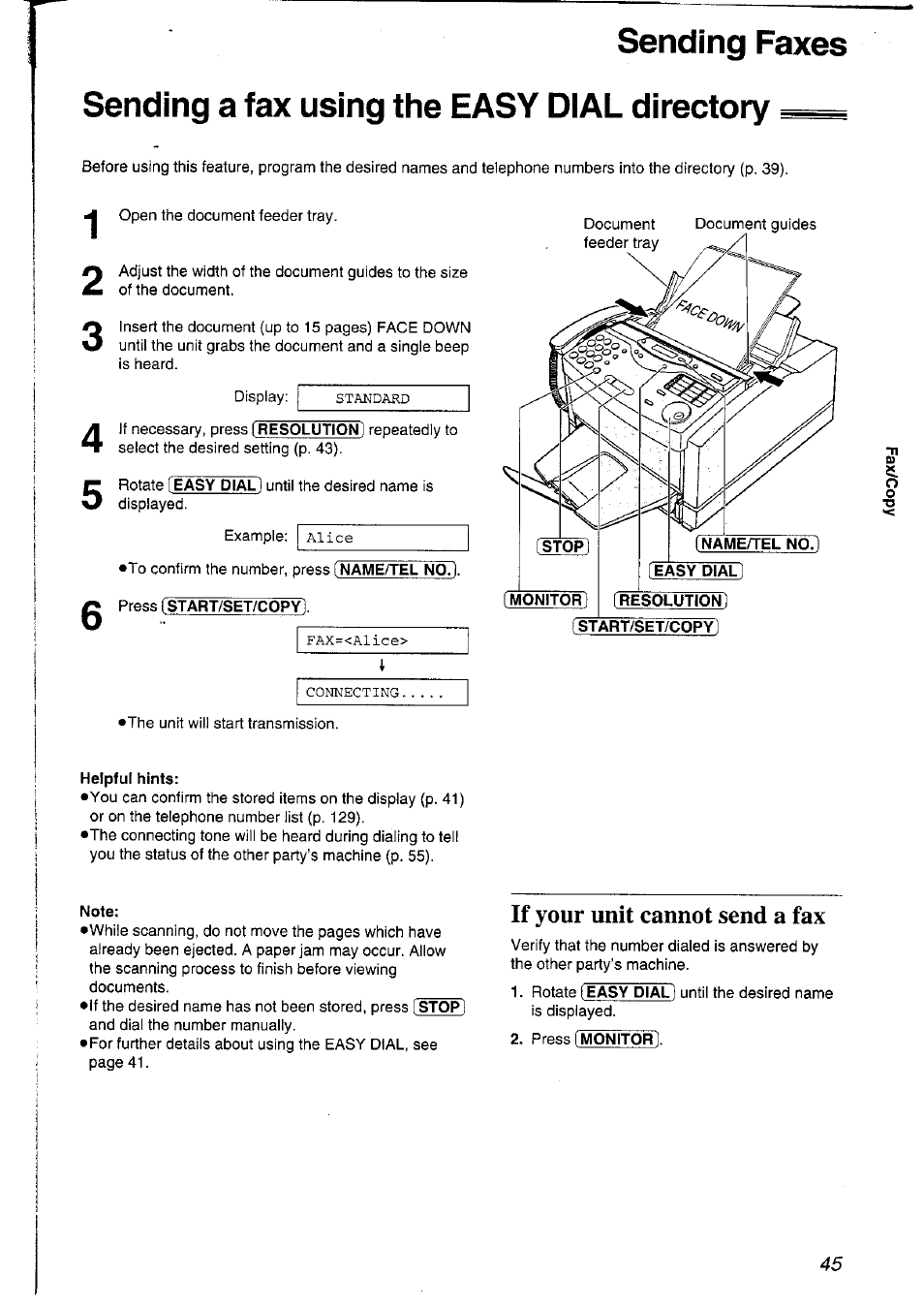 Sending faxes, Sending a fax using the easy dial directory, Helpful hints | Note, If your unit cannot send a fax | Panasonic KXFLM600NZ User Manual | Page 45 / 139