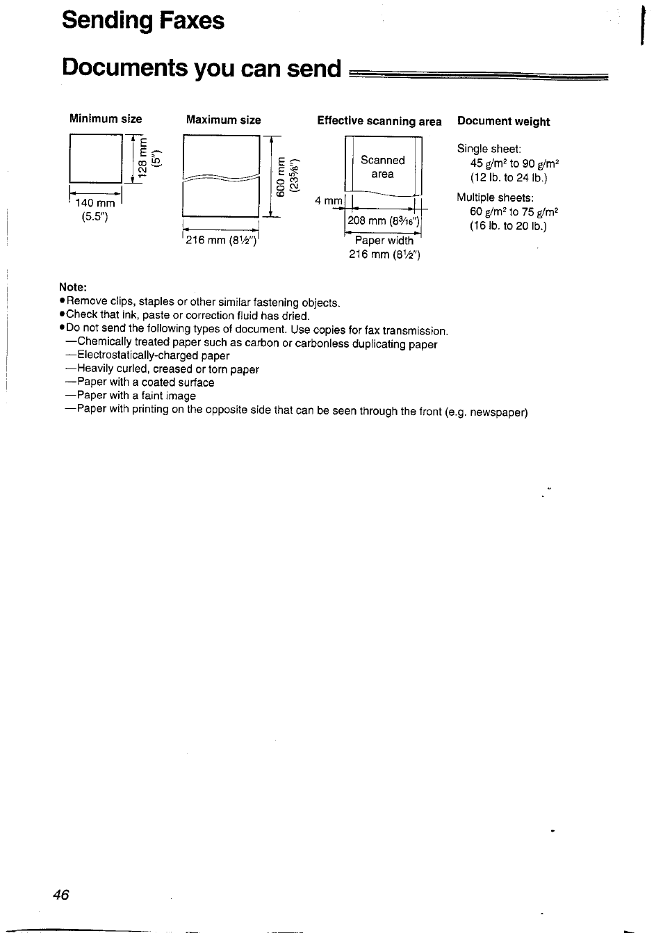 Documents you can send, Effective scanning area document weight, Note | Sending faxes documents you can send | Panasonic KXFLM600NZ User Manual | Page 46 / 139
