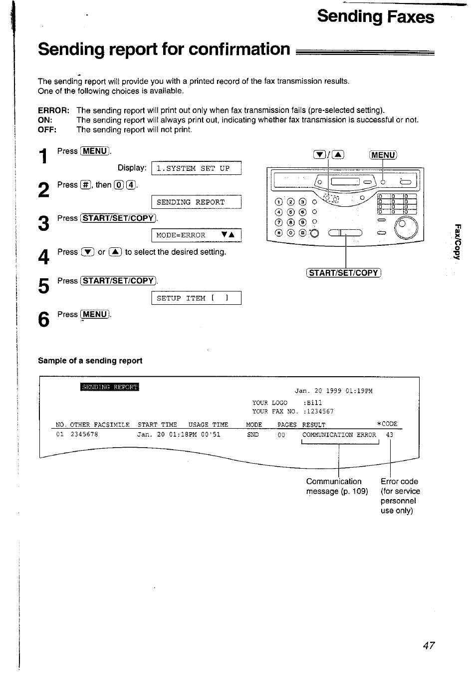 Sending report for confirmation, Sending faxes sending report for confirmation | Panasonic KXFLM600NZ User Manual | Page 47 / 139