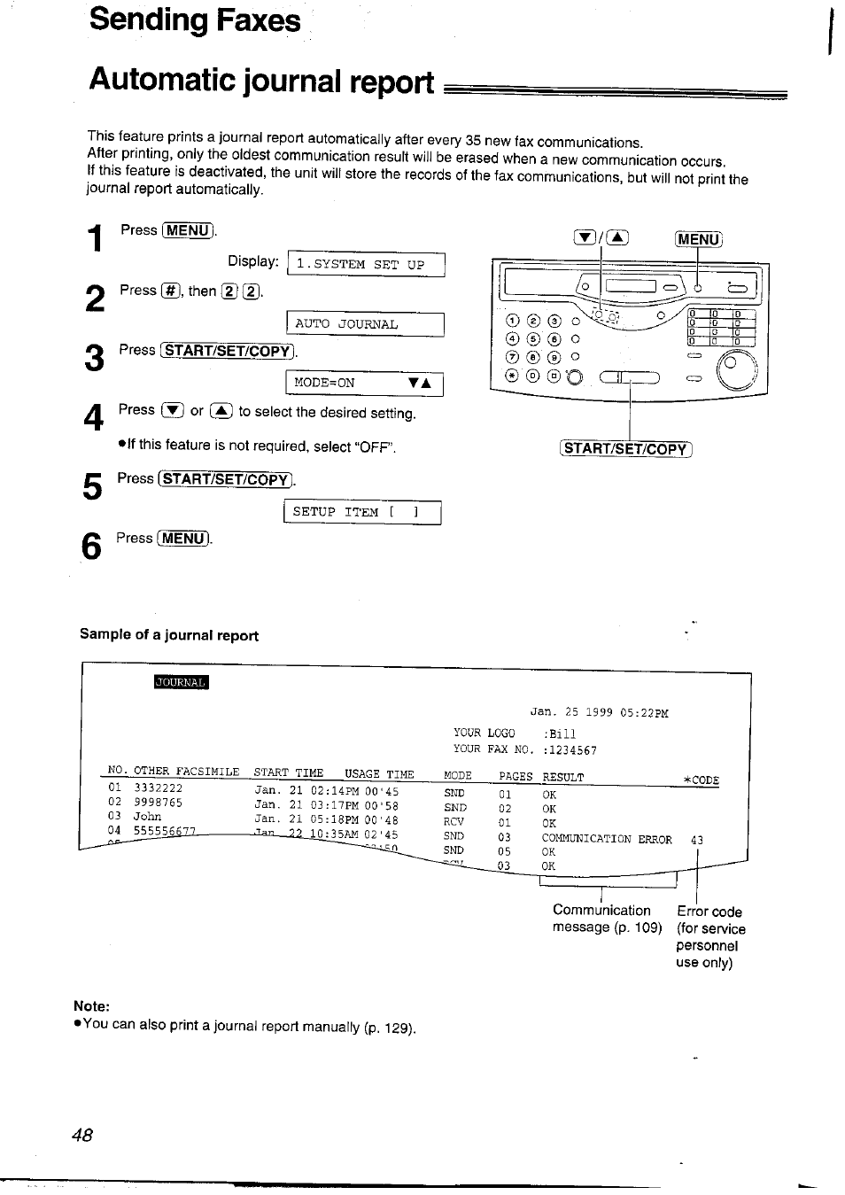 Sending faxes automatic journal report | Panasonic KXFLM600NZ User Manual | Page 48 / 139