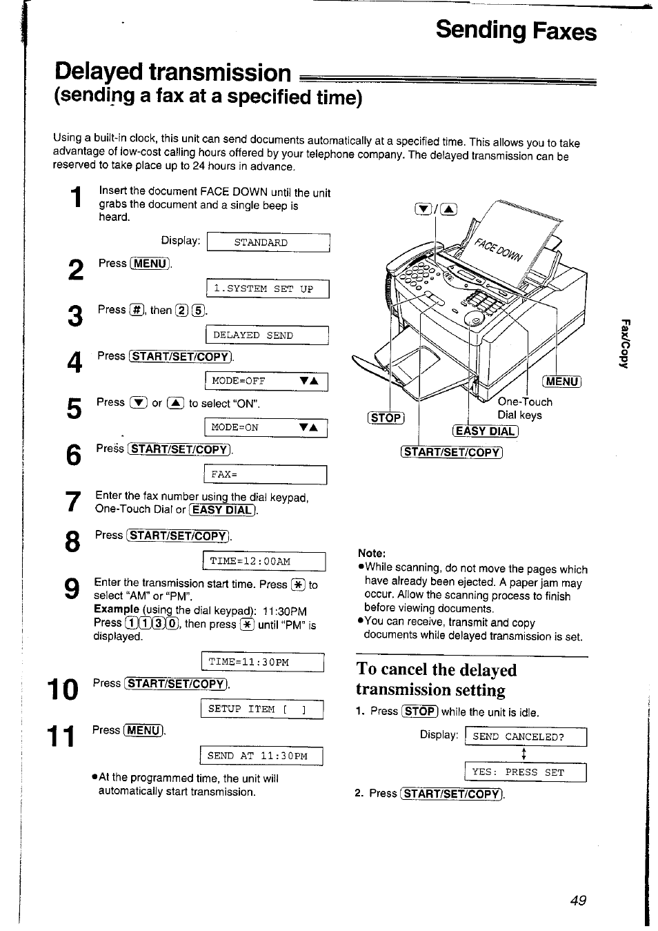 Delayed transmission, Sending a fax at a specified time), To cancel the delayed transmission setting | Sending faxes delayed transmission | Panasonic KXFLM600NZ User Manual | Page 49 / 139