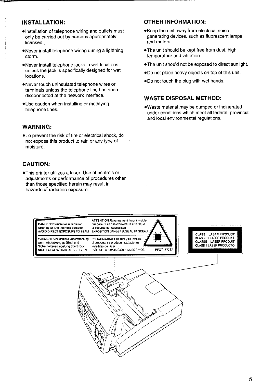 Installation, Warning, Caution | Other information, Waste disposal method | Panasonic KXFLM600NZ User Manual | Page 5 / 139