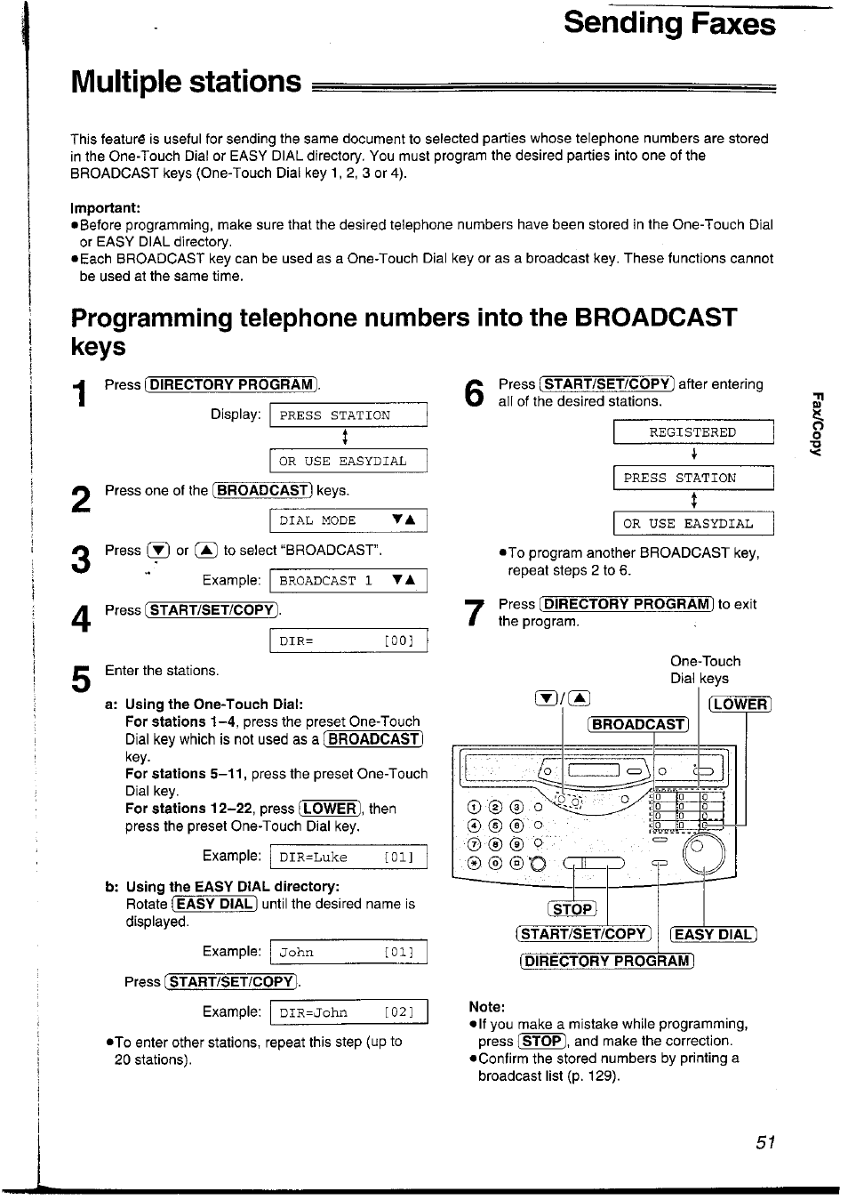 Press (directory program, Sending faxes multiple stations | Panasonic KXFLM600NZ User Manual | Page 51 / 139