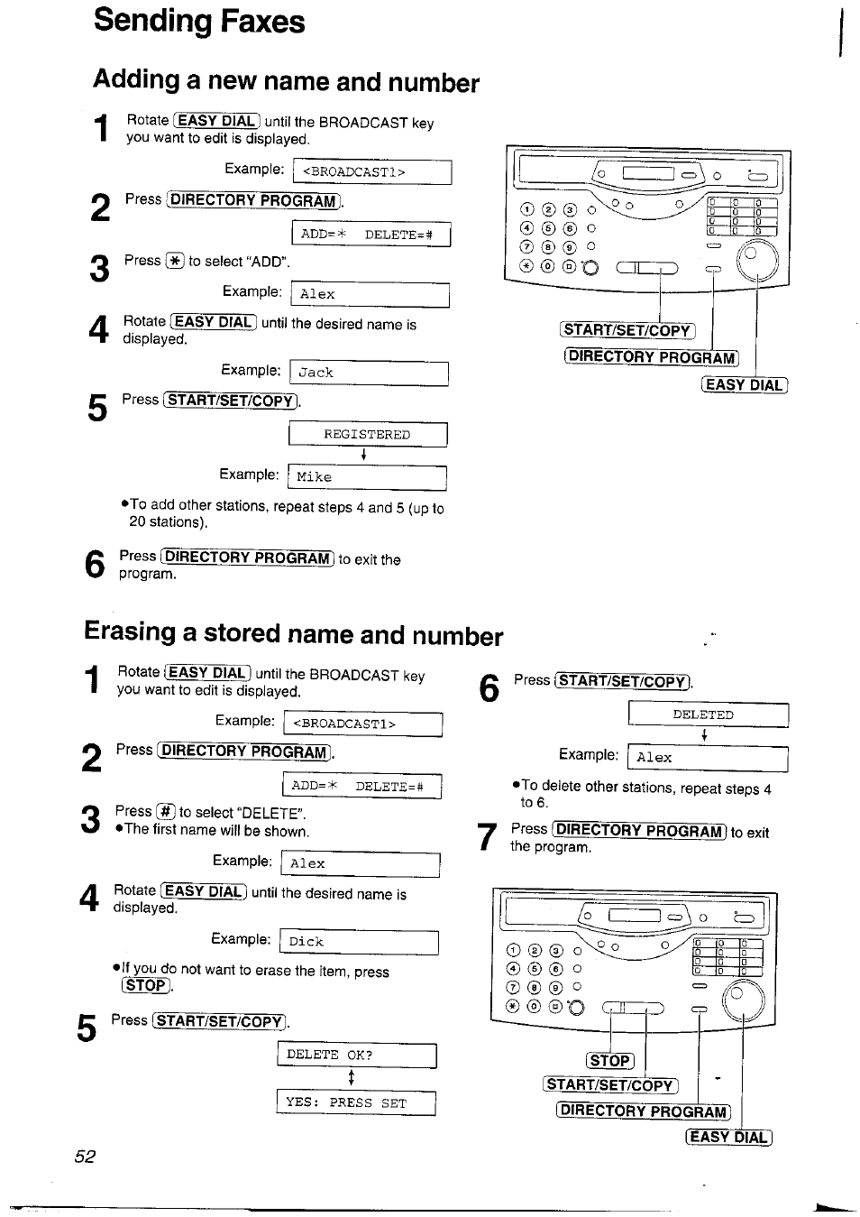Adding a new name and number, Start/set/co, Directory program | Easy dial, Erasing a stored name and number, Press [directory program, Sending faxes, 0 0 0 o | Panasonic KXFLM600NZ User Manual | Page 52 / 139