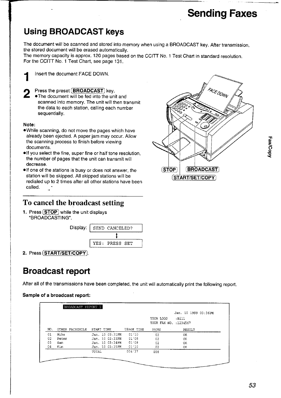 Using broadcast keys, Note, To cancel the broadcast setting | Broadcast report, Sending faxes | Panasonic KXFLM600NZ User Manual | Page 53 / 139