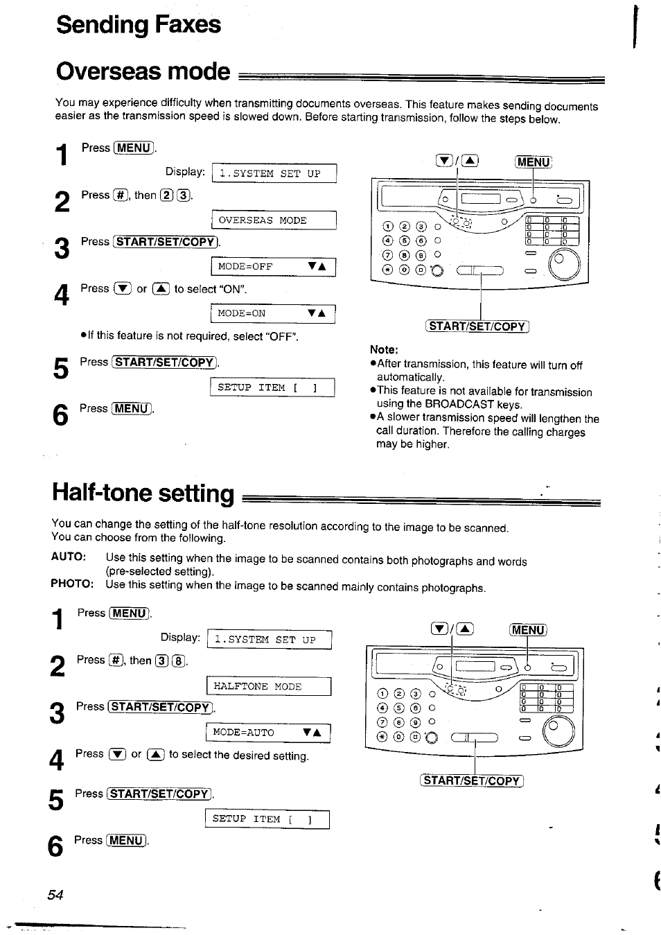 Sending faxes overseas mode, Half-tone setting | Panasonic KXFLM600NZ User Manual | Page 54 / 139