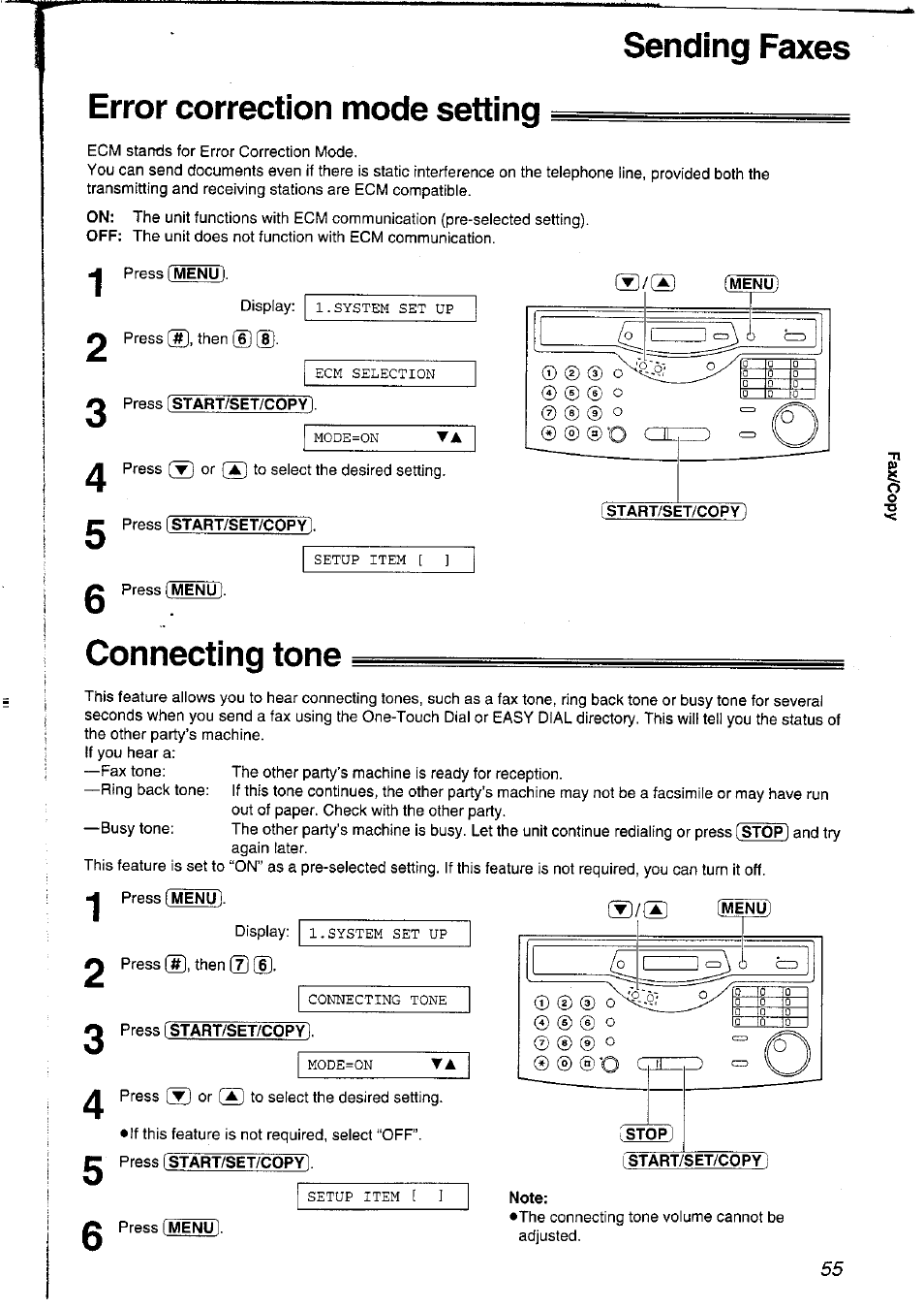 Sending faxes, Error correction mode setting, Connecting tone | Error correction mode setting connecting tone, Sending faxes error correction mode setting | Panasonic KXFLM600NZ User Manual | Page 55 / 139