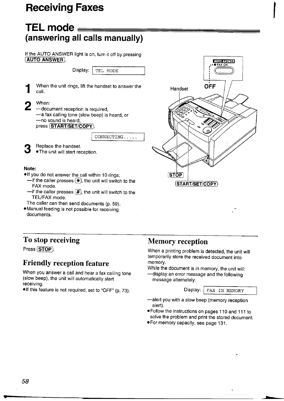 Tel mode, Answering all calls manually), Note | To stop receiving, Friendly reception feature, Memory reception, Tel mode (answering all calls manually), Receiving faxes tel mode | Panasonic KXFLM600NZ User Manual | Page 58 / 139