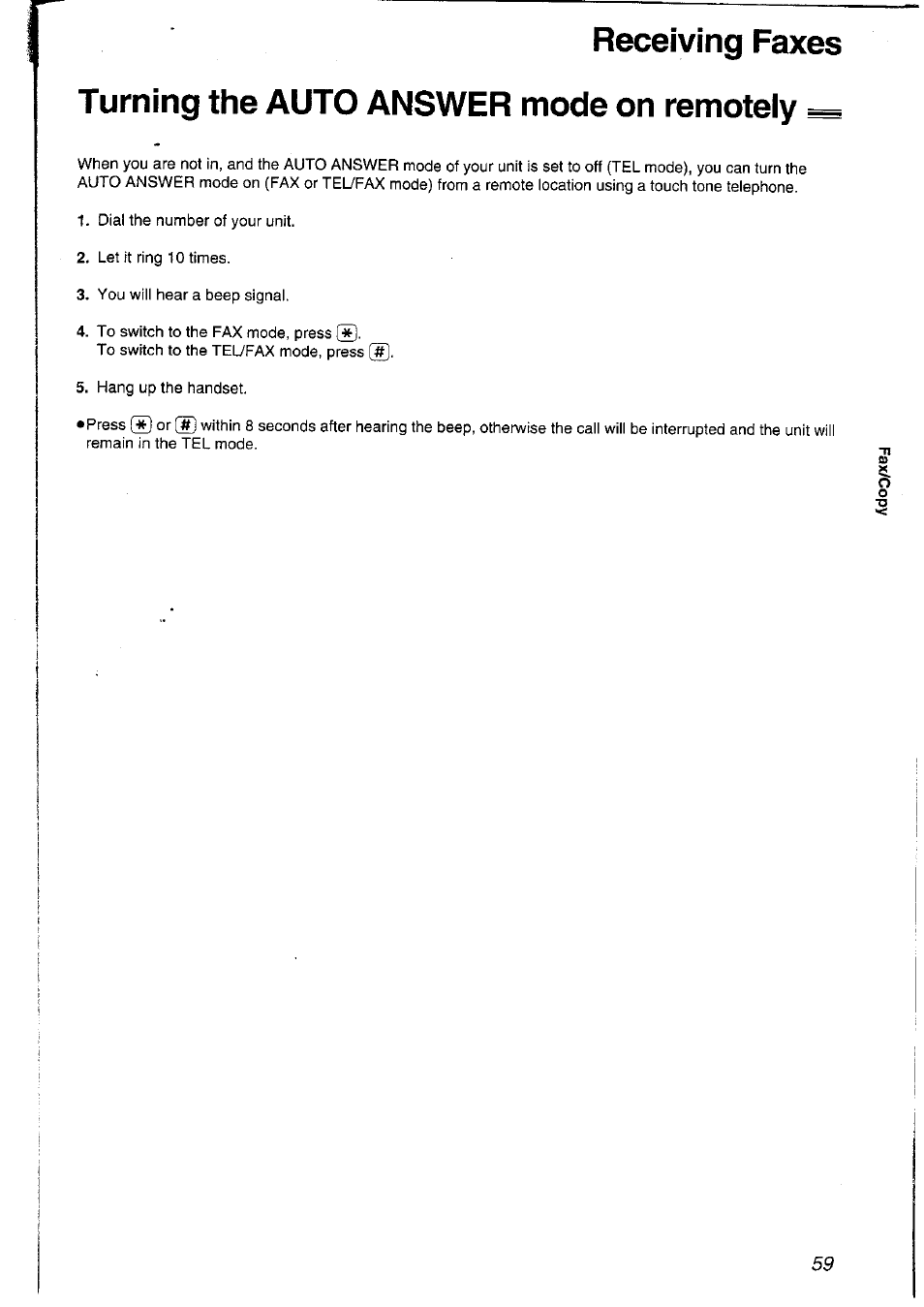 Turning the auto answer mode on remotely, Receiving faxes | Panasonic KXFLM600NZ User Manual | Page 59 / 139