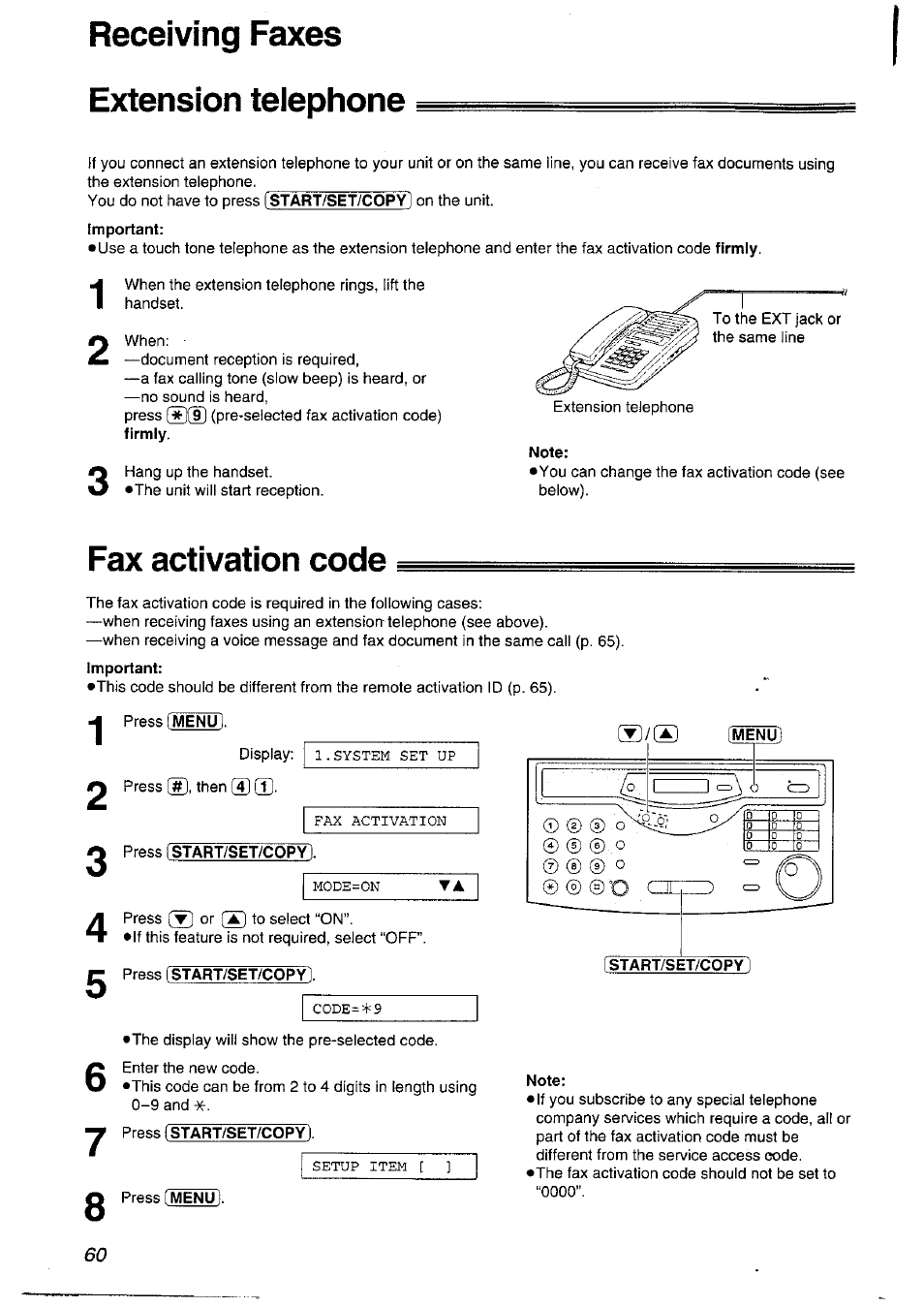 Receiving faxes extension telephone, Important, Fax activation code | Press (start/set/copy), Press menu, Note | Panasonic KXFLM600NZ User Manual | Page 60 / 139