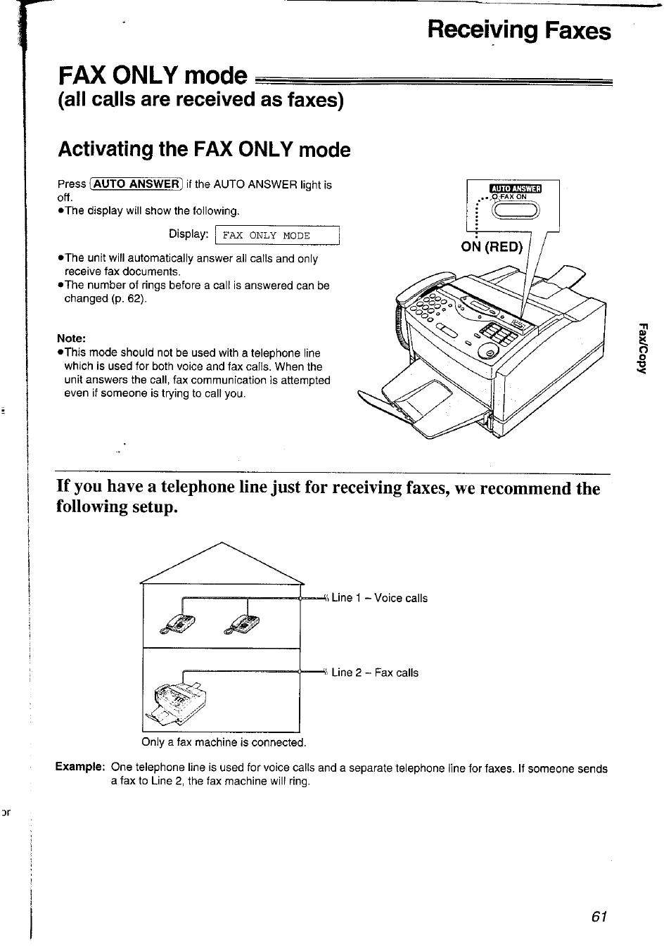 Receiving faxes, Fax only mode, Note | Receiving faxes fax only mode | Panasonic KXFLM600NZ User Manual | Page 61 / 139