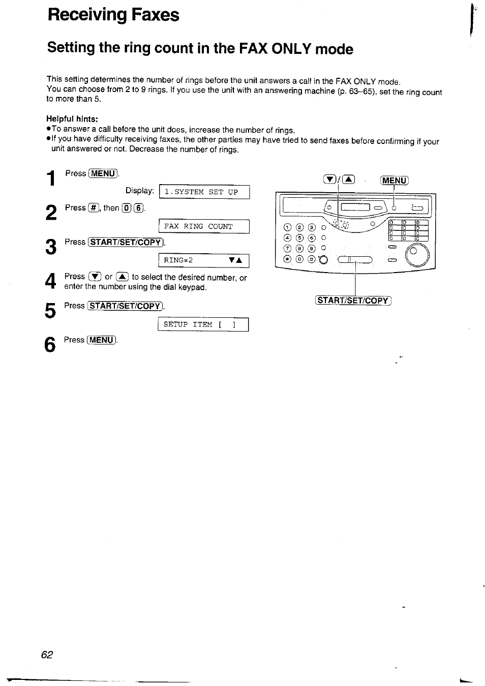 Setting the ring count in the fax only mode, Receiving faxes | Panasonic KXFLM600NZ User Manual | Page 62 / 139