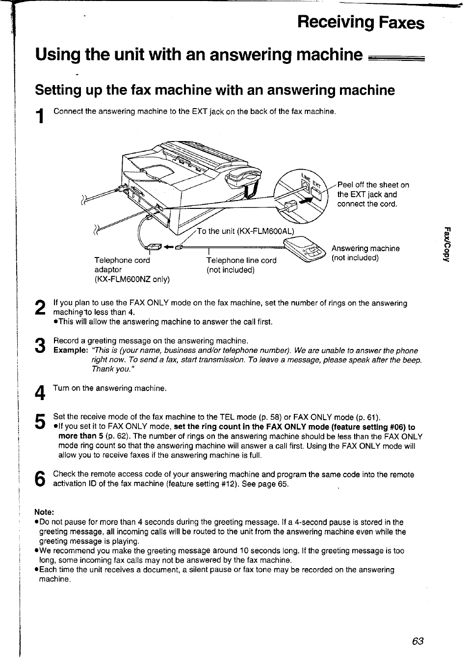Using the unit with an answering machine, Note | Panasonic KXFLM600NZ User Manual | Page 63 / 139