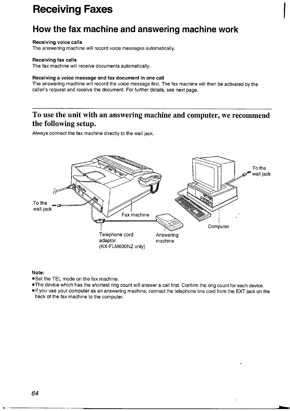 How the fax machine and answering machine work, Receiving voice calls, Receiving fax calls | Note, Receiving faxes | Panasonic KXFLM600NZ User Manual | Page 64 / 139