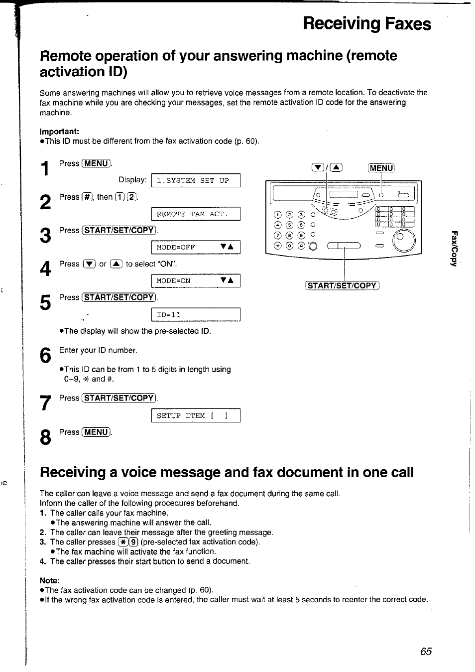 Receiving faxes, Important, Press [start/set/copy | Press start/set/copy, Note | Panasonic KXFLM600NZ User Manual | Page 65 / 139