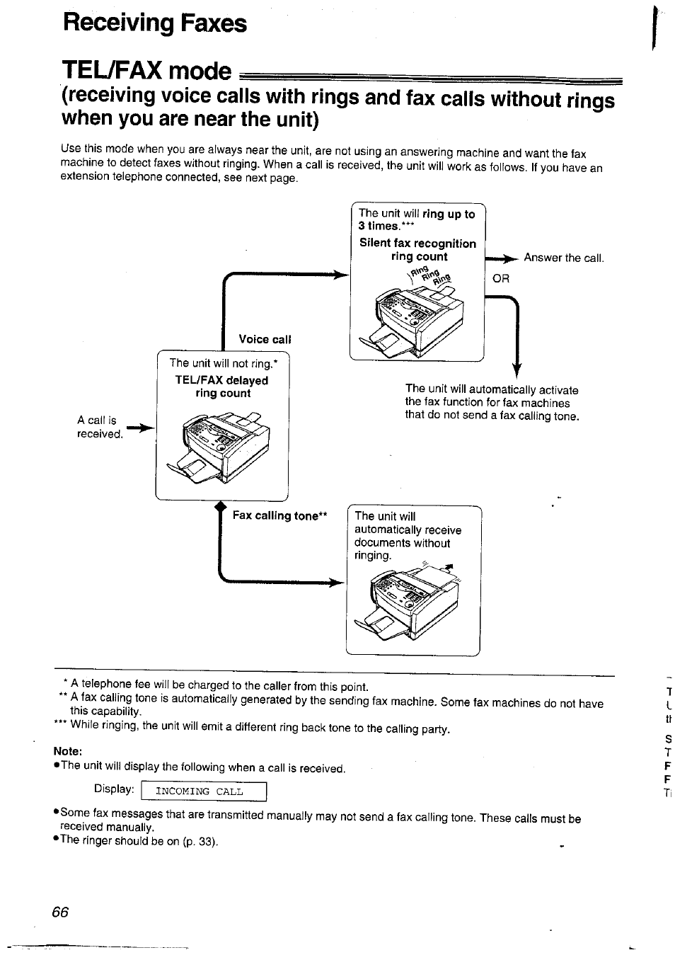 Tel/fax mode, Voice call, Fax calling tone | Receiving faxes tel/fax mode | Panasonic KXFLM600NZ User Manual | Page 66 / 139