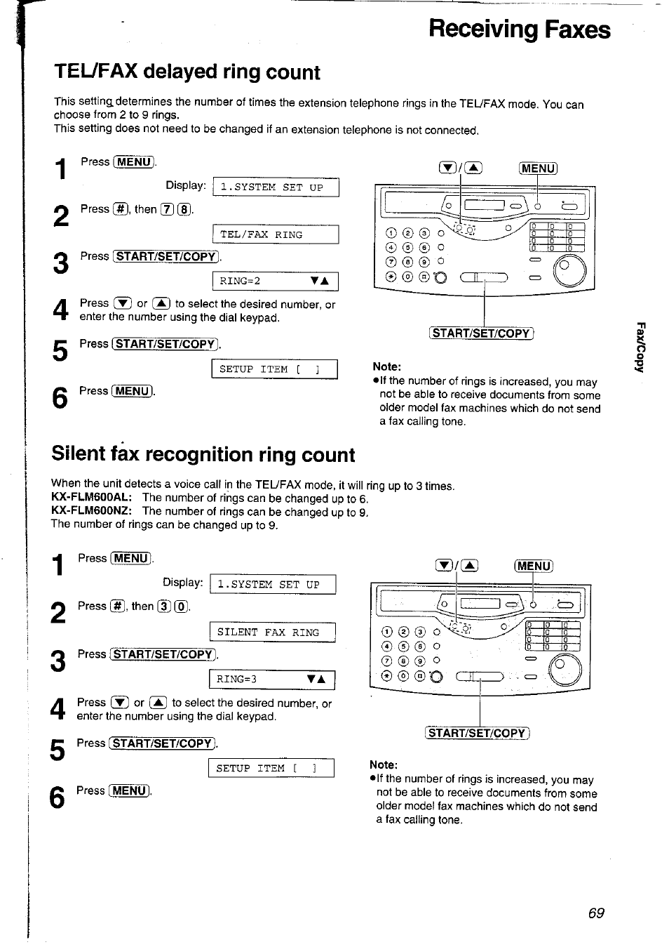 Teuf ax delayed ring count, Press (menul, Press [start/set/copy | Press [ start/set/copy 1, Press fmenu, Note, Silent fax recognition ring count, Press fmenu), Press f start/set/copy), Press [start/set/copy) | Panasonic KXFLM600NZ User Manual | Page 69 / 139