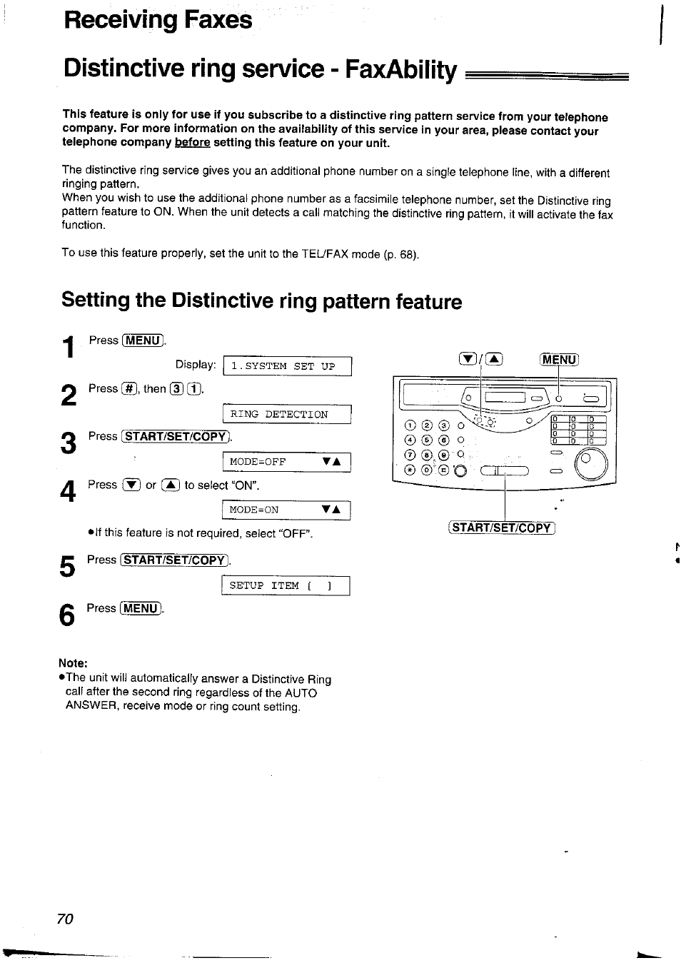 Distinctive ring service - faxability, Setting the distinctive ring pattern feature, Press [menu | Press [start/set/copy, Note | Panasonic KXFLM600NZ User Manual | Page 70 / 139
