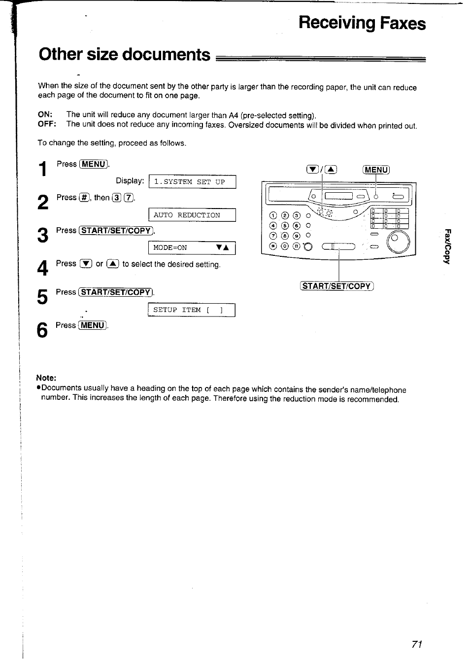 Receiving faxes, Other size documents, Press start/set/copyl | Press (start/set/copy), Start/set/copy, Note, Receiving faxes other size documents | Panasonic KXFLM600NZ User Manual | Page 71 / 139
