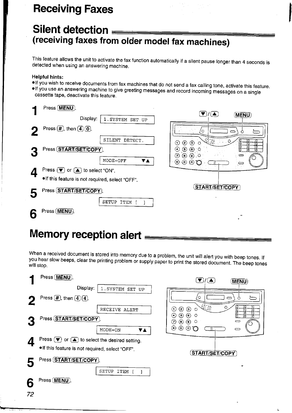 Siient detection, Receiving faxes from oider modei fax machines), Memory reception alert | Press [start/set/(;bpy, Start/set/copy, Receiving faxes siient detection | Panasonic KXFLM600NZ User Manual | Page 72 / 139