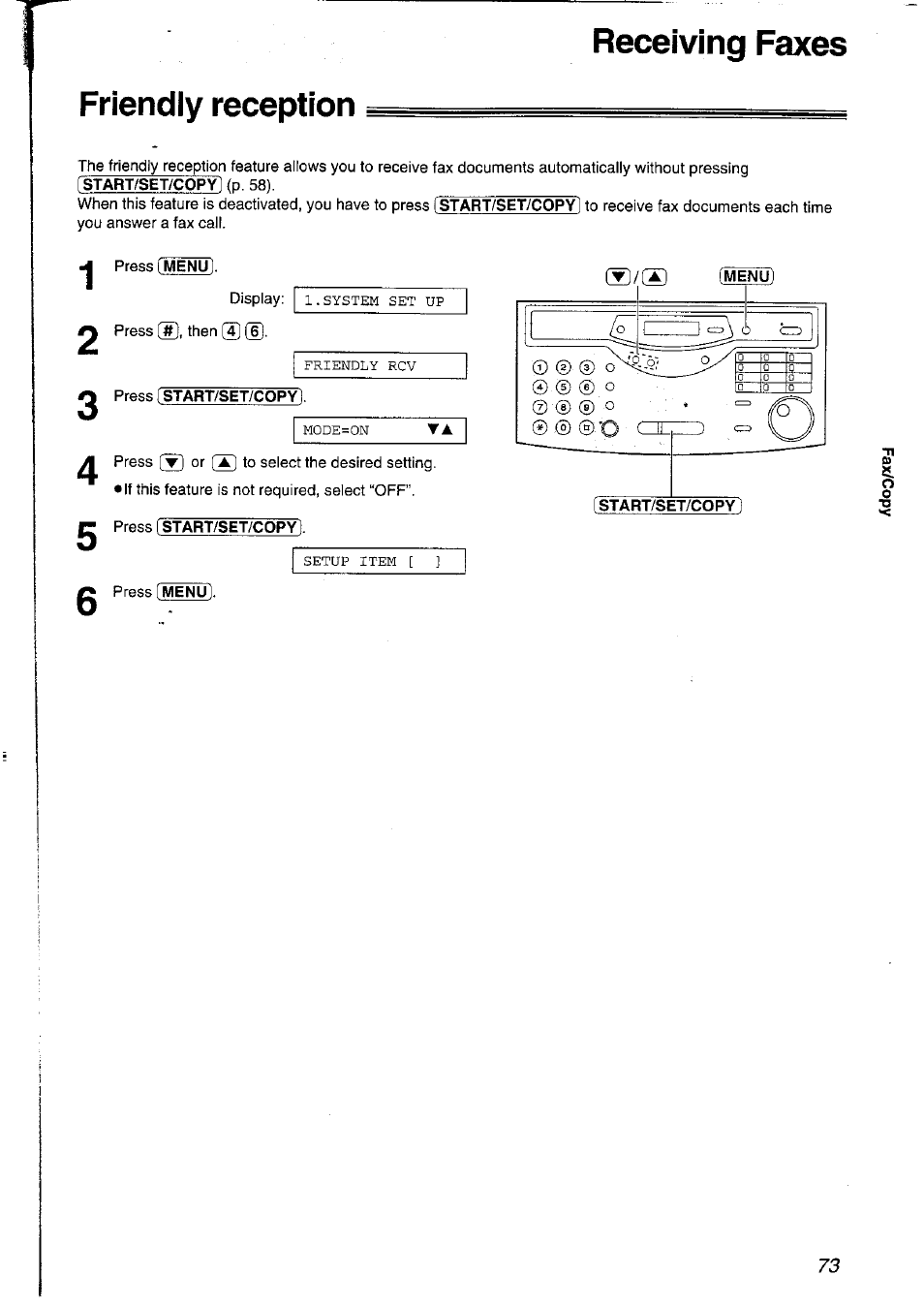 Friendiy reception, Friendly reception, Receiving faxes friendiy reception | Panasonic KXFLM600NZ User Manual | Page 73 / 139