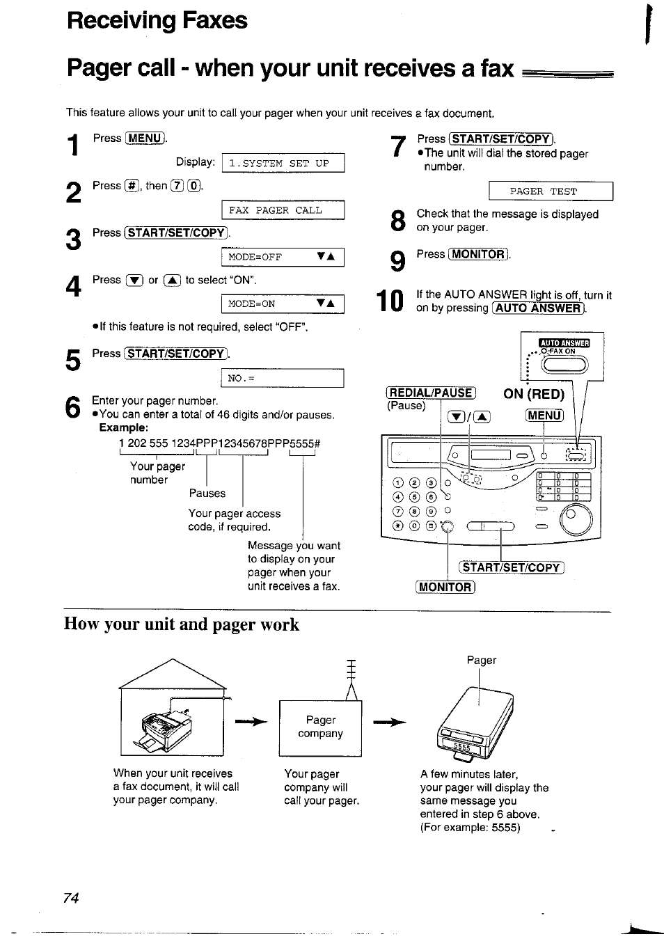 How your unit and pager work, Pager call - when your unit receives a fax, Receiving faxes 1 2 | Panasonic KXFLM600NZ User Manual | Page 74 / 139