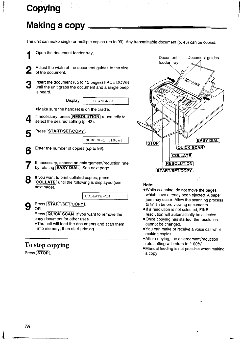 Copying making a copy, To stop copying | Panasonic KXFLM600NZ User Manual | Page 76 / 139