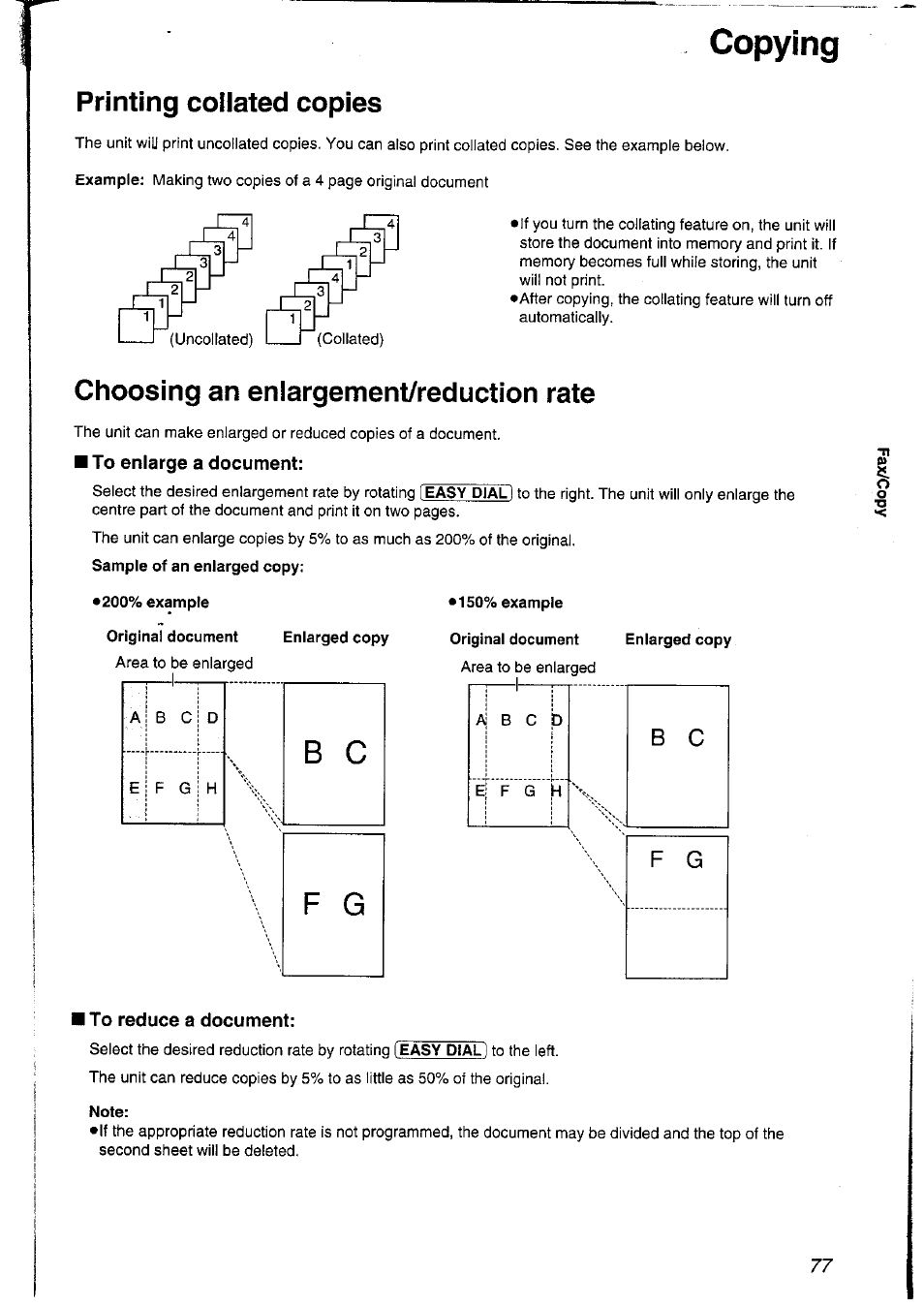 Copying, Printing coiiated copies, Choosing an enlargement/reduction rate | 200% example, Original document, 150% example, Note | Panasonic KXFLM600NZ User Manual | Page 77 / 139