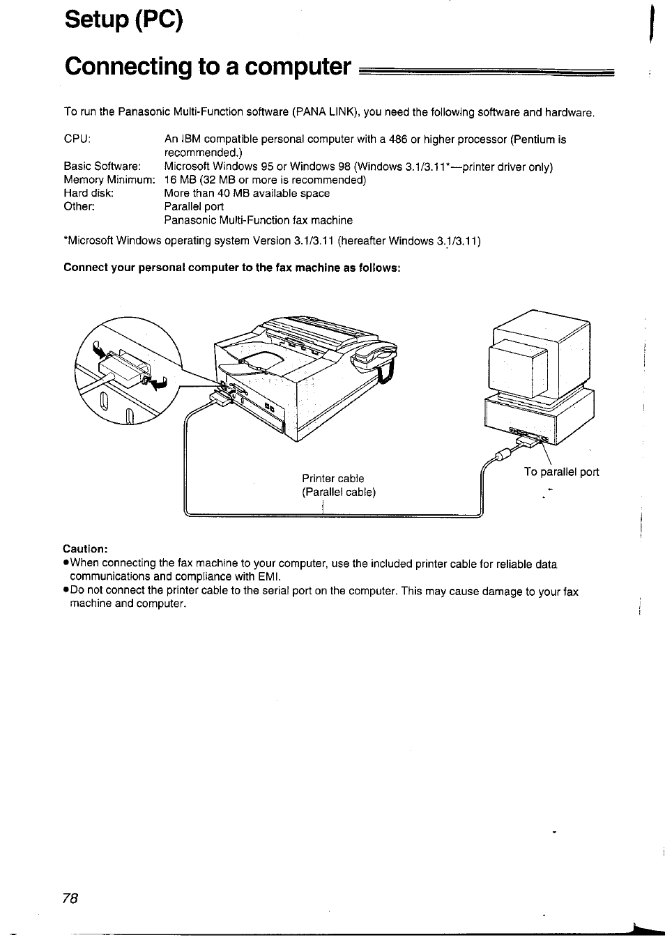 Connecting to a computer, Caution, Connecting to a computer setup (pc) | Panasonic KXFLM600NZ User Manual | Page 78 / 139